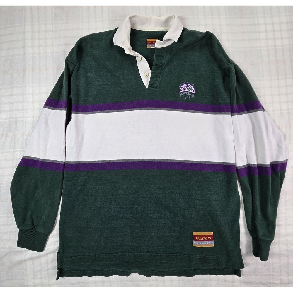 Vintage Partagas Rugby Shirt Green Striped Preppy 90s USA Made 100% Cotton XL